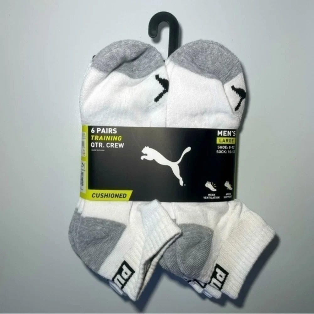 Puma men’s quarter crew socks 6 pack size 8-12 white gray black